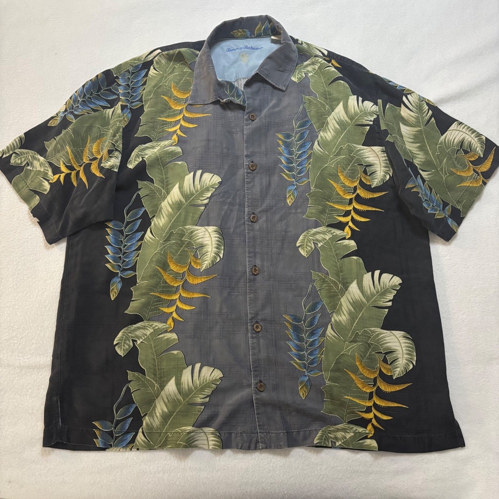 Tommy Bahama Mens XL Silk Tropical Leaf Print Camp Shirt Black Grey Short Sleeve